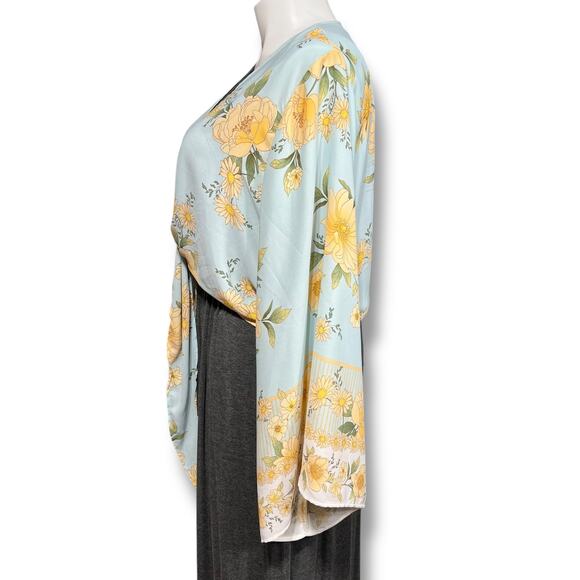 Rue+ Womens Bolero Shrug Crop Tie Front Kimono Sleeve Floral Yellow Blue 3X - Picture 5 of 8